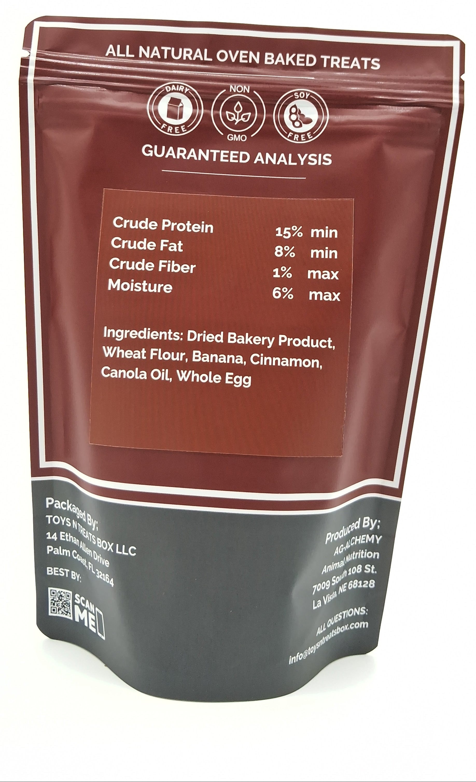 Dog food packaging with guaranteed analysis and ingredient list on a white background